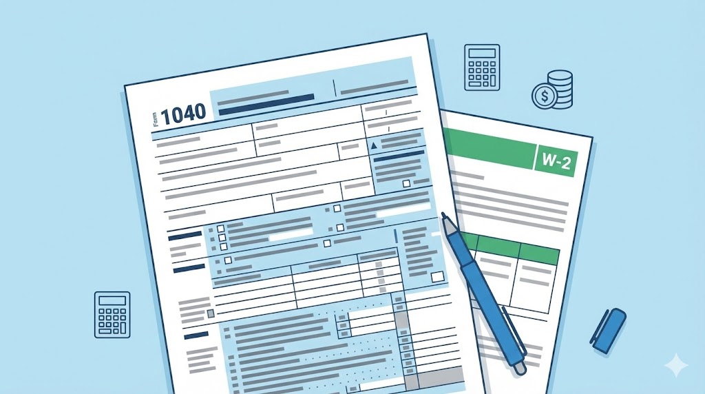 국세청 로고와 세금 관련 서류 더미 비즈니스 컨셉 이미지