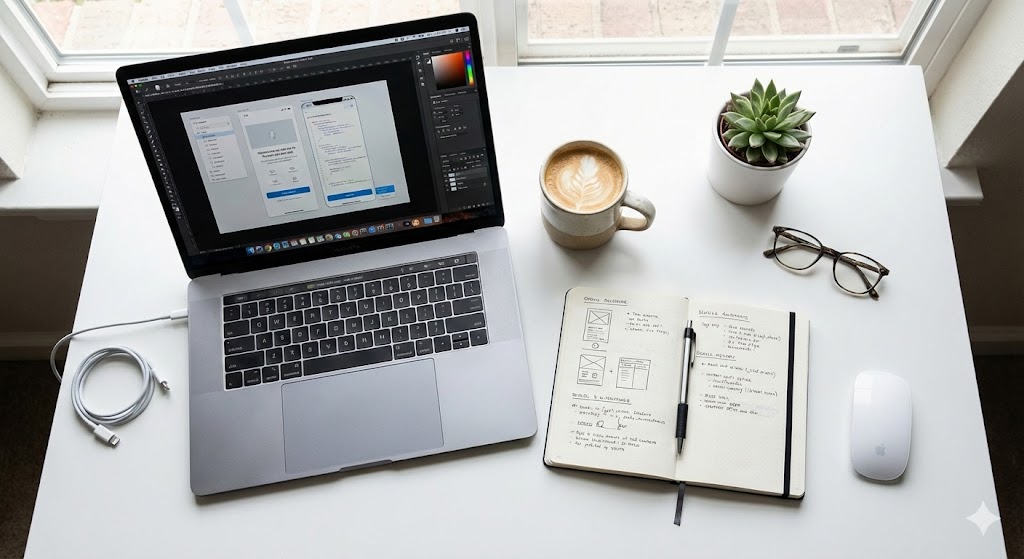 Modern home office desk setup with computer